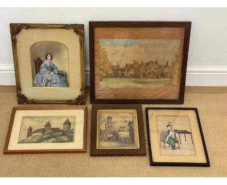 UNATTRIBUTED; five various watercolours, three depicting buildings, one portrait of a woman seated and an Oriental painted si