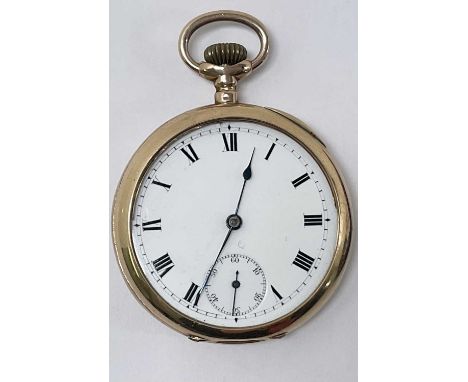 A 9ct gold crown wind open faced Omega pocket watch, with Roman numerals to the white enamel dial and with 9ct gold cuvette, 