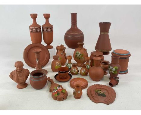 WATCOMBE POTTERY; a quantity of terracotta wares including a bust of Gladstone, height 15cm, a bottle vase in style of Christ