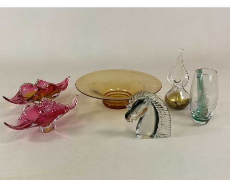 Six pieces of art glass, comprising two Czech pieces by Josef Hospodka, Caithness etched vase, Ourglass pulpit vase and a con
