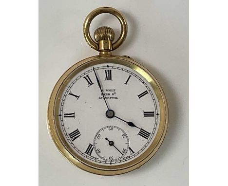 An Edwardian 18ct yellow gold crown wind open faced fob watch, with Roman numerals to the white enamel dial, inscribed 'H. Wo