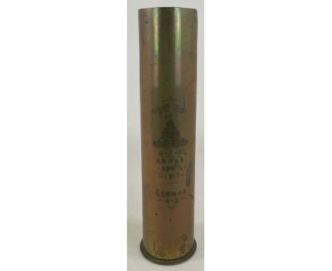 A WWI German 4.2 inch Artillery shell case, height 50 cm, etched to the surface with 3rd Div Royal Field Artillery badge and 