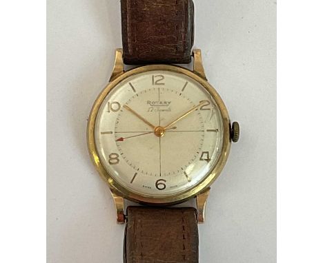 ROTARY; a gentleman's vintage 9ct yellow gold wristwatch, with Arabic and baton markers to the circular dial, diameter 34cm, 