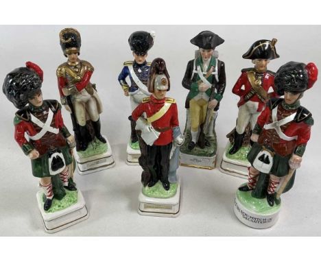 A group of seven ceramic military figural decanters (lacking contents), most labelled including Prince Albert's Own Hussars, 