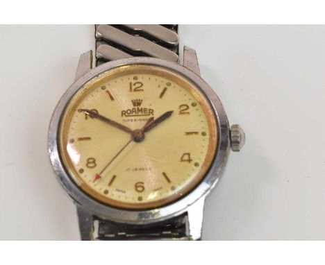 ROAMER; a 1940s gentleman's Super-Shock stainless steel wristwatch, the case back with various numbers and with crude engrave