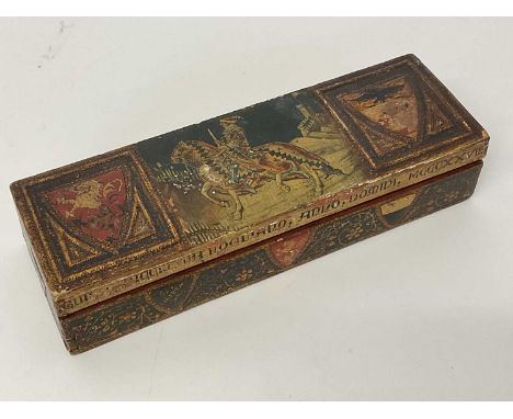 A Russian painted rectangular trinket box, depicting a figure on horseback flanked by twin shields and with inscription dated