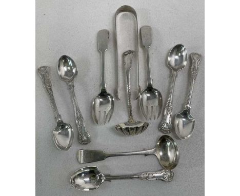 A group of silver flatware including a set of five Victorian hallmarked silver Kings pattern sorbet spoons, London 1885, a pa