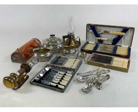 A quantity of metalware including a Walker &amp; Hall fish set, various boxed knives, a brass GWR carriage candleholder and o