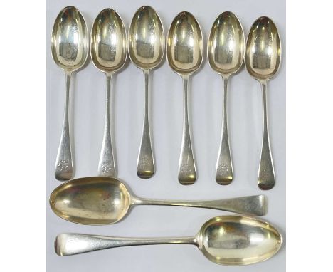 GEORGE MAUDSLEY JACKSON; a set of six George V hallmarked silver dessert spoons and a pair of matching tablespoons, each engr