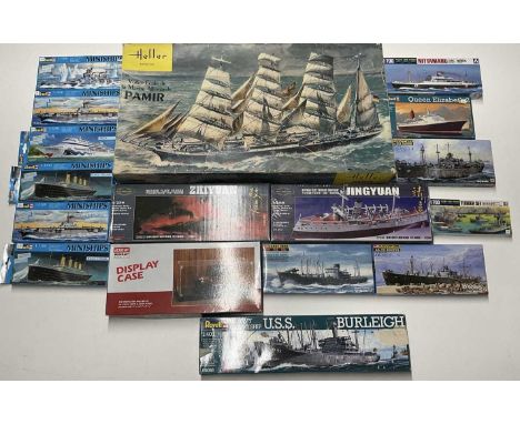 REVELL; seventeen model kits of various ships, two have been started together with a display case, models include Titanic, QE