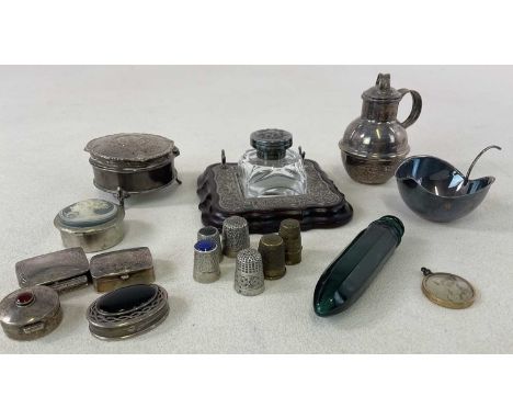 A group of small silver and collectors' items including a contemporary wooden based inkstand with pen rest, a Guernsey style 