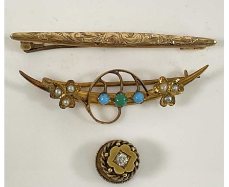 A 9ct yellow gold turquoise &amp; pearl bar brooch (2.2g), a 15ct gold diamond set stud (1.8g) &amp; a yellow metal stick pin