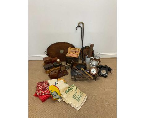 A collectors' lot, to include two silver tipped walking sticks, wooden boxes including a paragon First Aid box with contents,