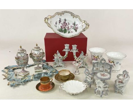 A group of decorative ceramics including a pair of Royal Crown Derby 'Derby Posies' flared vases, a floral encrusted suite of