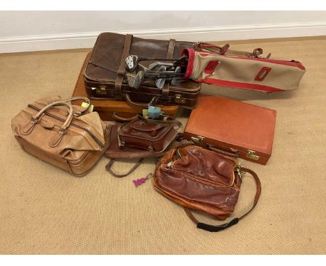 A collectors' lot of vintage luggage and other items, including a Harrods of Knightsbridge briefcase, leather bags and satche
