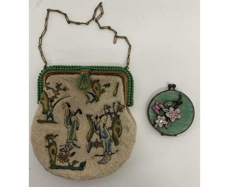 An early 20th century Chinese beadwork and embroidered evening bag and a floral decorated compact (2)