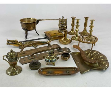 A collection of metalware including a late 18th century brass skillet, the handle inscribed 'Westcott III', owl ornament, can