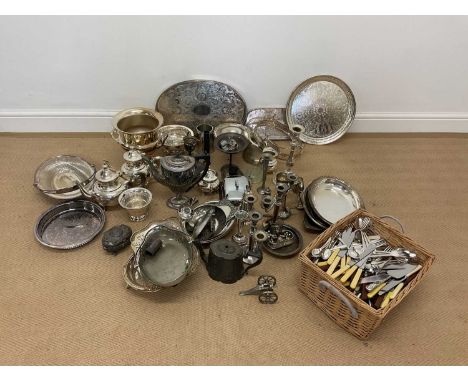 A quantity of silver plated items, including a large quantity of flatware, coffee pots, wine cooler, candelabra etc.