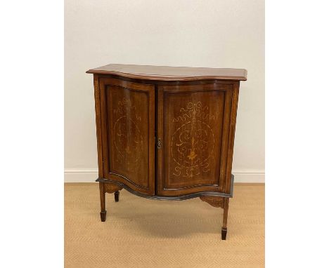An early 20th century mahogany and satinwood inlaid cabinet with a single shelf, height 103cm, width 90cm, depth 47cm.