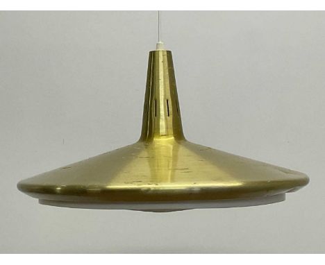 A mid 20th century Danish brass effect aluminium pendant light with diffuser, height 20cm, diameter 44cm.