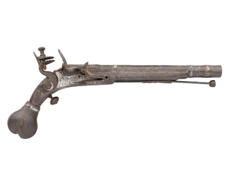 Ⓦ A RARE 22 BORE EAST SCOTTISH FLINTLOCK BELT PISTOL FORMED ENTIRELY OF STEEL^ LATE 17TH CENTURY¦with tapering multi-stage ba