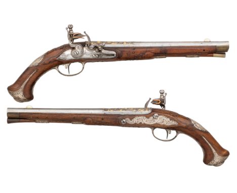 Ⓦ&nbsp;A FINE PAIR OF 28 BORE DANISH SILVER-MOUNTED FLINTLOCK HOLSTER PISTOLS BY VALENTIN MARR^ COPENHAGEN^ CIRCA 1740-50¦wit