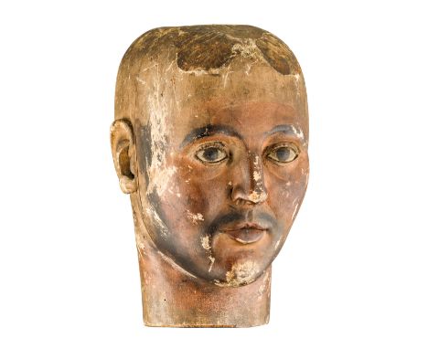 Ⓦ&nbsp;A WELL CARVED AND PAINTED HEAD FROM A MANNEQUIN^ PROBABLY ENGLISH 19TH CENTURY¦formed of three pieces of wood^ the fac