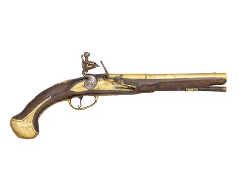 Ⓦ&nbsp;A 20 BORE FLINTLOCK HOLSTER PISTOL BY THOMAS (1) HAWLEY^ LONDON^ CIRCA 1700¦with brass sighted barrel formed in two st