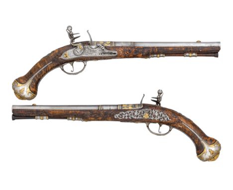 ‡Ⓦ A FINE PAIR OF 16 BORE DUTCH FLINTLOCK HOLSTER PISTOLS BY BAREND PENTERMAN A UTRECHT^ CIRCA 1720¦with tapering barrels for