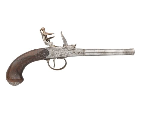 Ⓦ A 54 BORE D.B. FLINTLOCK PISTOL BY T. STATON^ LONDON^ PRIVATE PROOF MARKS^ CIRCA 1770¦with turn-off cannon barrels^ box-loc