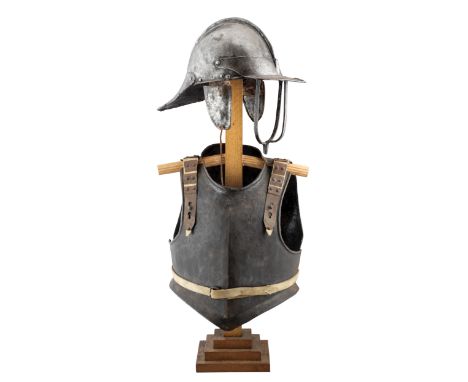 Ⓦ&nbsp;A COMPOSITE ENGLISH HARQUEBUSIER'S ARMOUR^ MID-17TH CENTURY¦comprising pot with hemispherical skull formed in two piec