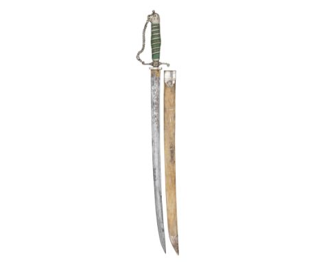 ˜Ⓦ AN ENGLISH SILVER-MOUNTED HUNTING SWORD^ CIRCA 1770¦with curved blade double-edged towards the point^ formed with a pair o