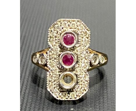9ct gold Art Deco style diamond and ruby cluster ring, the largest diamond of 0.05ct spread approx, weight 6.1g approx. (one 