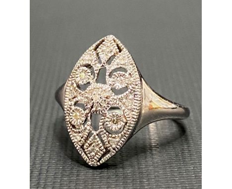 9ct white gold Art Deco style diamond cluster ring, the head of navette shape, weight 3.4g approx.