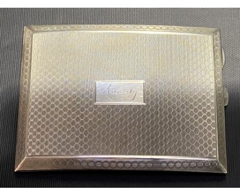George V silver engine turned cigarette case of rectangular hipped shape, maker A Bros, Birmingham 1926, width 11.5cm, weight