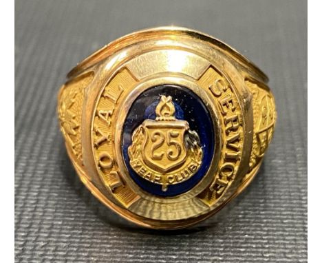 American 10ct gold and blue stone set 25 year loyal service ring for GM Motors, stamped 10K BIRKS, weight 16.6g approx.