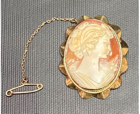9ct hallmarked gold mounted oval shell cameo brooch, carved with a profile portrait of a lady, 44mm x 37mm.