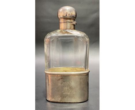 Victorian silver and facet cut glass hip flask by Asprey, the base with drinking cup, London 1901, height 16cm.