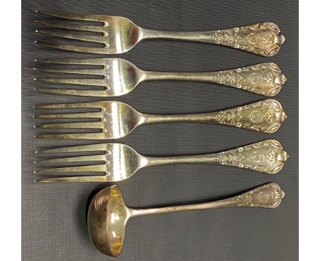 Set of four Victorian silver table forks with strapwork cast handles, maker George William Adams together with a matching sau