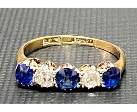 18ct gold and platinum five stone diamond and sapphire set ring, the two diamonds of 0.10ct spread approx, the sapphires also