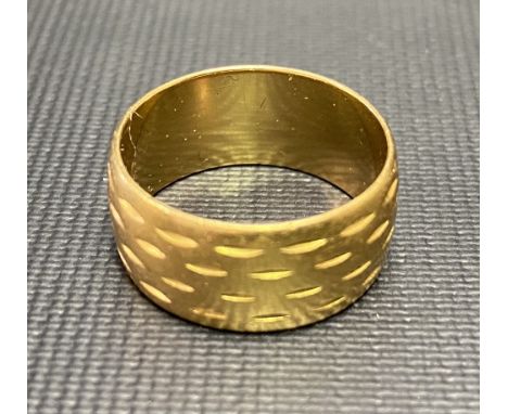 22ct hallmarked gold wide band ring, weight 7.9g approx.