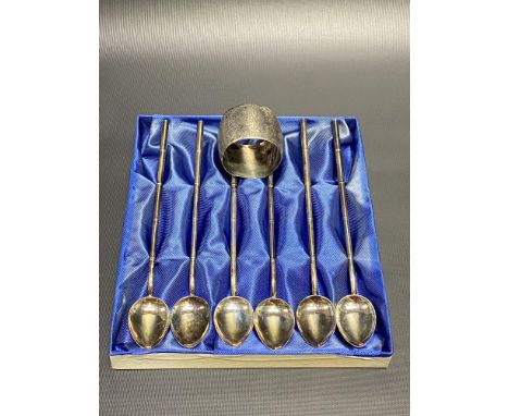 Set of six Oriental white gilt metal long handled spoons within fitted box, stamped STERLING; together with a hallmarked silv