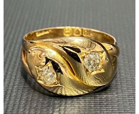 A Victorian 18ct gold and diamond two stone snake ring, the two diamonds of 0.20ct spread each approx, London 1896, weight 6.