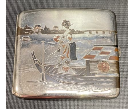 1920's Japanese white metal oxidised silver, copper &amp; gold decorated cigarette case stamped K. Uyeda and with two charact