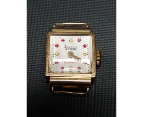 18ct gold cased ladies manual wind cocktail watch, the square 14mm dial with pick and yellow gem hour markers and signed Josm