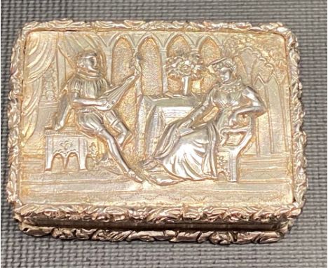 George IV silver vinaigrette by John Bettridge, the hinged lid cast with a scene of a 16th Century gentleman playing the lute