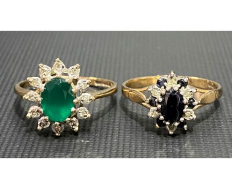 9ct diamond and emerald cluster ring together with a 9ct gold sapphire and diamond cluster ring, weight 4.1g approx.