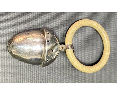 George V silver acorn shaped rattle with ring teether, Birmingham 1924.