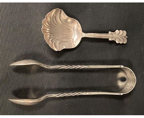 Victorian silver caddy spoon with shell bowl, maker H &amp; T, Birmingham 1883; together with a pair of silver hallmarked sug