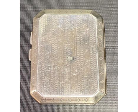 George V silver engine turned cigarette case, width 9cm, Chester 1921, weight 2.90oz approx.
